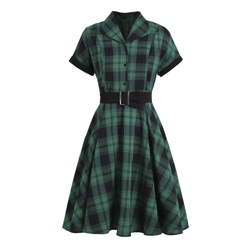 50s Style Vintage Green Plaid Pinup Swing Dresses Women Button Up Short Sleeve Belted Elegant A Line Retro Dress