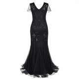 Formal Retro 1920s Sequin Evening Dress V-Neck Short Sleeve Mesh Bead Fishtail Skirt