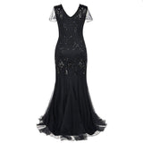 Formal dress retro 1920s sequin evening dress V-neck short sleeve mesh bead fishtail skirt women party special ocasion