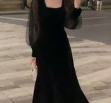 Black Velvet Midi Dress Women Party Puffer Sleeve Lace Vintage One Piece Dress Korean Fashion 2021 Winter Elegant Dress Females