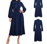 Winter Autumn Bow Neck Party Midi Dress For Women 50s Office Work To Wear Lantern Sleeves Casual A-line Elegant Female Clothing