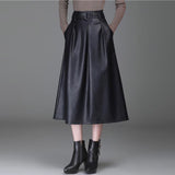 Women Faux Leather Elegant Ladies Office Long Solid Color High Waist A-Line Pleated Maxi Skirts