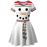 White Snowman Print Christmas Women 2021 New Short Sleeve Elegant Vintage Party Xmas Dress Robe Femme Casual Femal Clothes