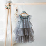 Kids Princess Dress Girls Summer Puffy Lace Mesh Layer Sequined Fairy Party Costume Wedding Birthday Children Vestidos Clothes