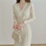 Cross V Neck Long Sleeve Knitted Dress Autumn Winter Solid Chic Elegant Sexy Midi Dress