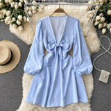 Spring Autumn Women Deep V Neck Tie Bow Print Casual Dress Elegant Vintage Long Sleeve Mini Dress