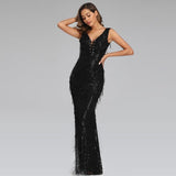 Light Champagne Sexy V-neck Tassel Sequins Dress Women Sleeveless Long Evening Party Dress