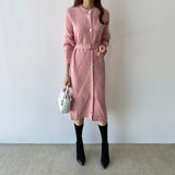 Crew Neck Long Sleeve Button Up Cardigan Sweater Dress With Belt Office Elegant Knitted Midi Dress