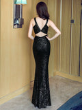 See through Sexy Party Maxi Dress Black Sequin Evening Dress Backless Bodycon Dress