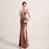 Pink V-neck Sleeveless Sexy High Split Velour Bead Embroidery Formal Occasion Dress Party Prom Gown