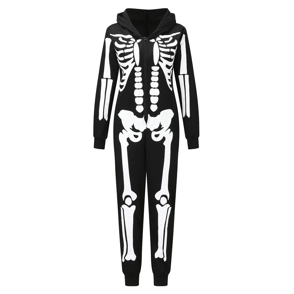 Halloween Family Matching Outfits Fashion Skeleton Print Hooded Jumpsuit Pajama Family Look Father Mother Kids Halloween Costume