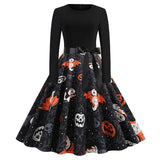 Women Pumpkin Print Party Dress Black Streetwear Gothic Long Sleeve O Neck Vintage Casual Robe Femme Halloween Sundress