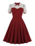 Vintage Style High Waist Tunic Elegant Party Swing Women Summer Mesh Sleeve Knee Length Dress