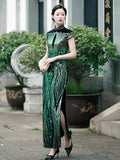 New Fashion Sequins Cheongsam Embroidered High-slit Formal Evening Dress For Women Short-Sleeve Long Cheongsam