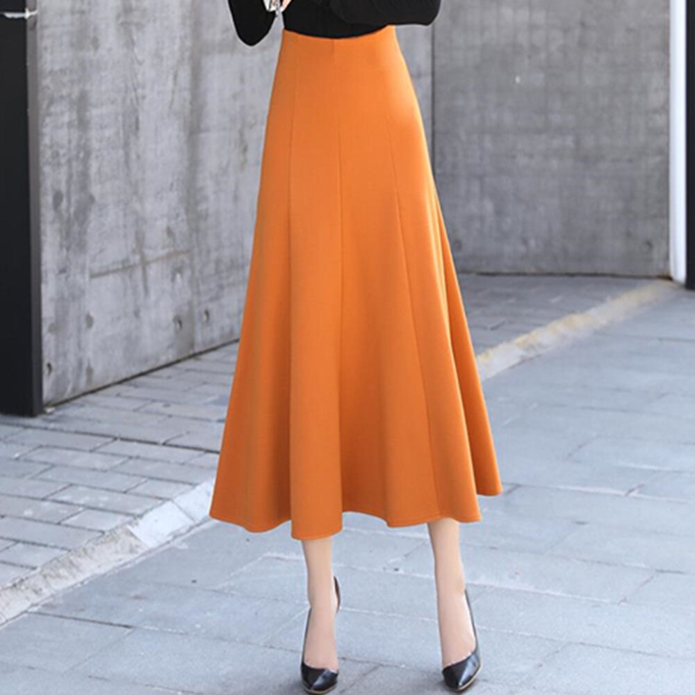 Women Solid High Waist A Line Casual Side Pocket Korea Style Vintage Long Skirts