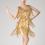 Stage Performance Costume Shiny Double V-Neck Sleeveless Sequin Tassel Latin Jazz Cha-cha Ballroom Dance Dress Vestido