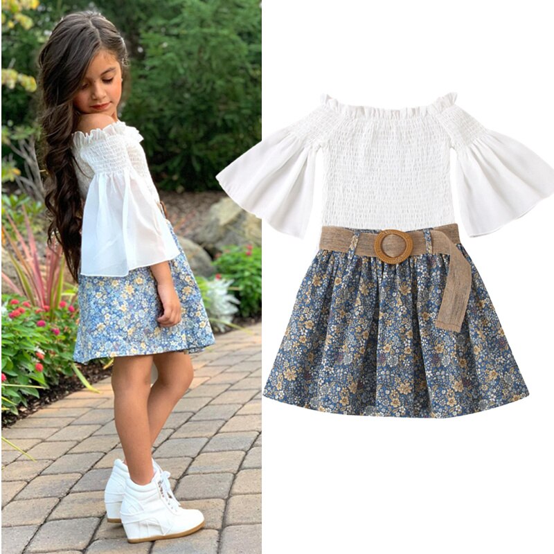 1-6 Year Girls Clothes Set Summer Kids Baby White Off Shoulder Top+Ruffle Tutu Skirt Princess Outfits Toddler Children Tracksuit