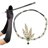 3pcs/set 1920s Flapper Great Gatsby Accessories Set Leaf Medallion Pearl Headband Black Gloves Cigarette Holder Costume