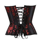 Women Satin Plum flower Pattern Lace up Back Overbust Deep V Corset Bustier Lingerie