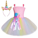 Pink Pastel Flower Girl Unicorn Dress Kids Tutu Costume Outfit for Halloween Birthday Party Princess Dresses with Horns Headband