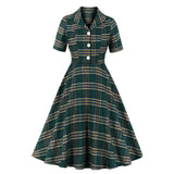 Green Plaid Short Sleeve Button Cotton Robe Pin Up Tunic Swing Vintage 50s 60s Retro Dresses