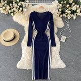 Fall Winter Midi Elegant V Neck Long Sleeve Knitted Dress Side Slit Striped Sexy Bodycon Dress