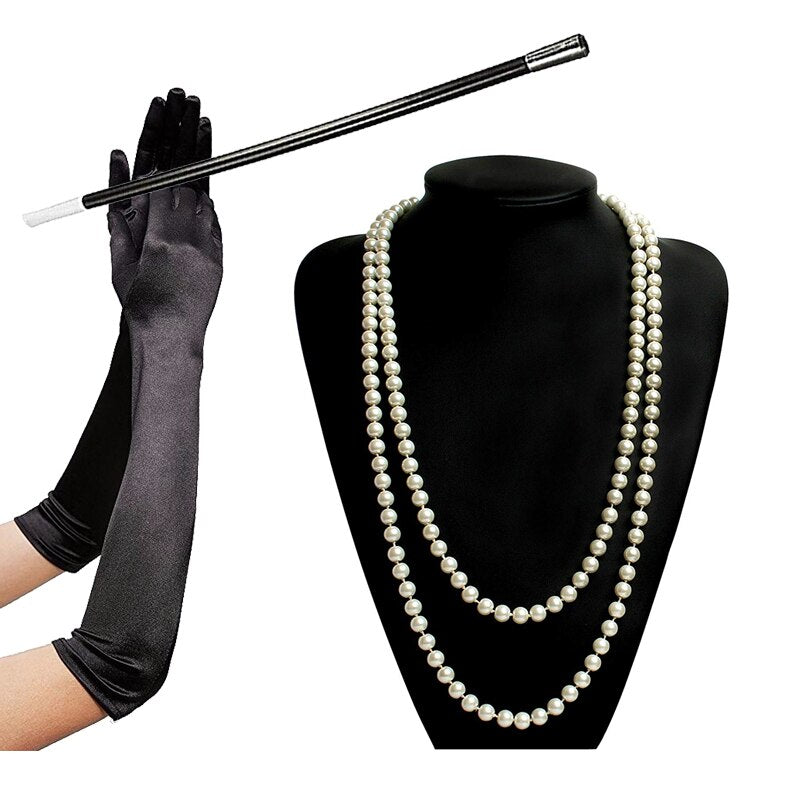 1920s Flapper Accessories Gatsby Costume Accessories Set, Headband Bracelet  Pearl Necklace Gloves Plastic Holder Earrings