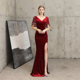 V-neck Evening Dress Velone Mermaid Prom Dress High Split Sexy Robe De Soriee Short Sleeve Elegant Dress