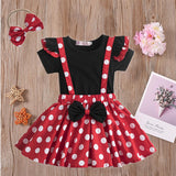 Dot Print Baby Girl Clothes Set For Toddler Kids Pullover Cotton Tops Bow Polka Suspender Skirt Headband Infant Outfits Clothes