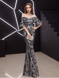 Lotus leaf sleeve Off-Shoulder Cocktail Dress Gold Sequins Embroider Elegant Mermaid Silver Party Prom Celebrity Gowns Vestioes