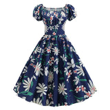 Square Neck Ruched High Waist Vintage Multicolor Floral Women Pleated Dress Short Sleeve Summer Rockabilly Swing Dresses