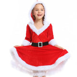 Kids Girls Red Velvet Santa Claus Hoodies Dress with Belt Christmas Cosplay Costume New Year Child Xmas Party Fancy Dress