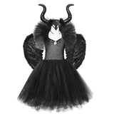 Solid Black Halloween Costumes Kids Girls Tutu Dress Ankle Length Dresses Devil Costume Cosplay Outfits Horns Wings
