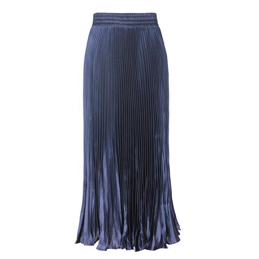 Women High Waist Pleated Skirt Solid Color Floor Length Long Skirt