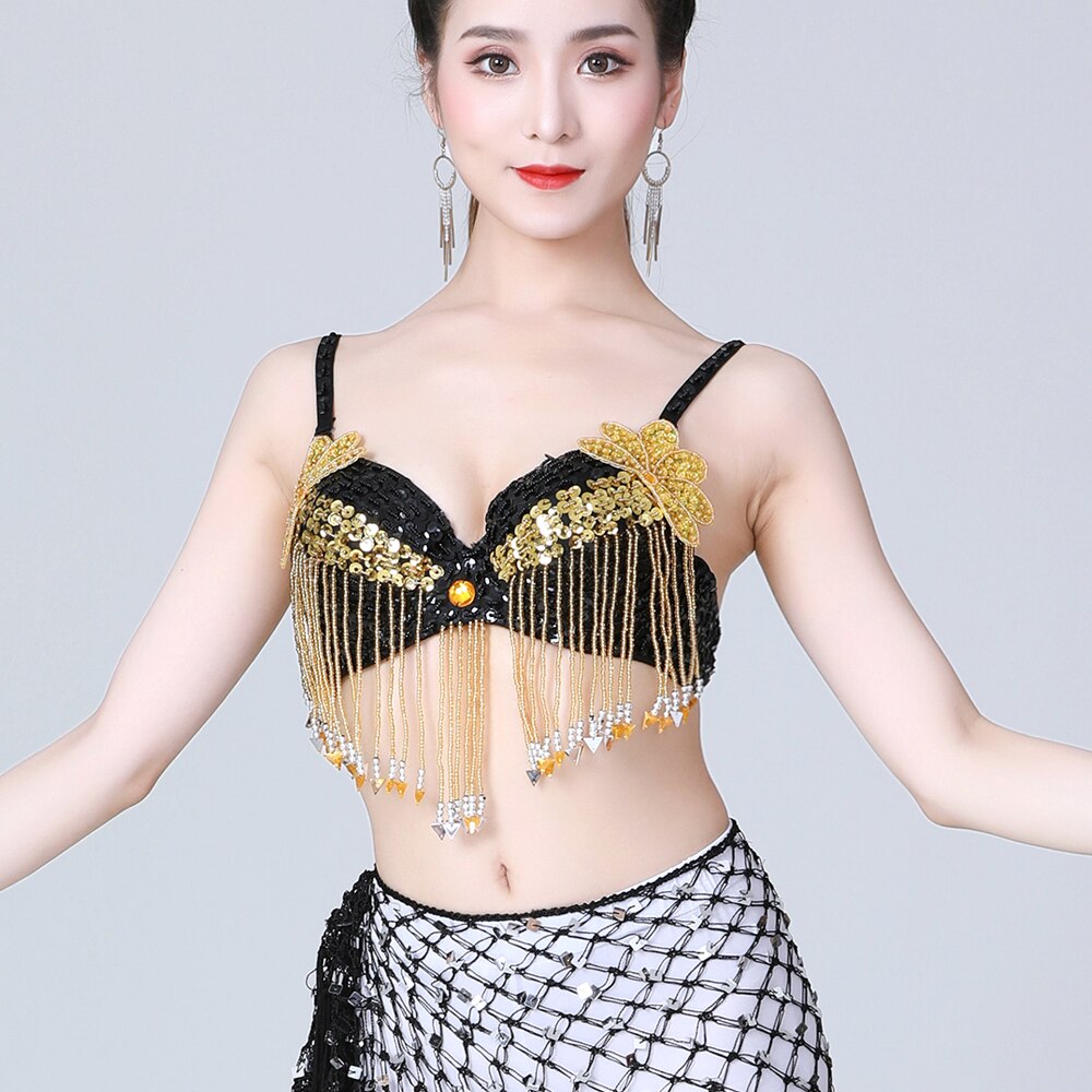 Womens Shiny Sequins Beading Padded Bra Top Belly Dancing Crop Top