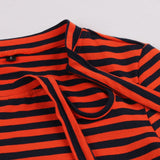 Vintage White and Black Striped Tie Neck Cut-out A Line Skater 95% Cotton Short Sleeve Autumn Casual Dress