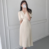 High Quality New Women Summer Clothes Elegant V-Neck Slim Office Lady Casual A-Line Bandge Pleated Dress Vestidos