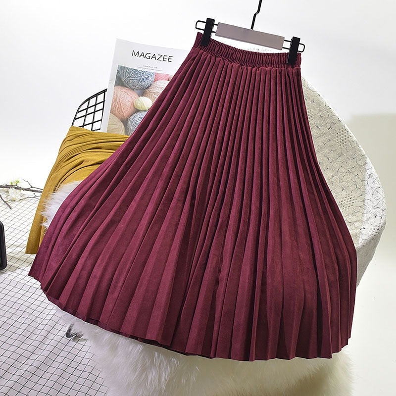 Autumn Winter Women Elastic High Waist Pleated A-Line Long Skirt