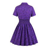 Notched Collar Shirred High Waist Cat Print Purple Short Sleeve Summer Vintage Mini Dresses