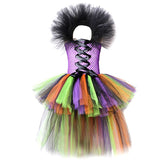 High Low Witch Tutu Dress for Girls Halloween Costumes for Kids Cosplay Party Dresses with Hat Broom Children Trailing Outfits