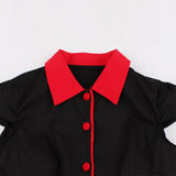 Women Cap Sleeve Black Red Patchwork Robe Pin Up Swing Office Button Dress With Pockets