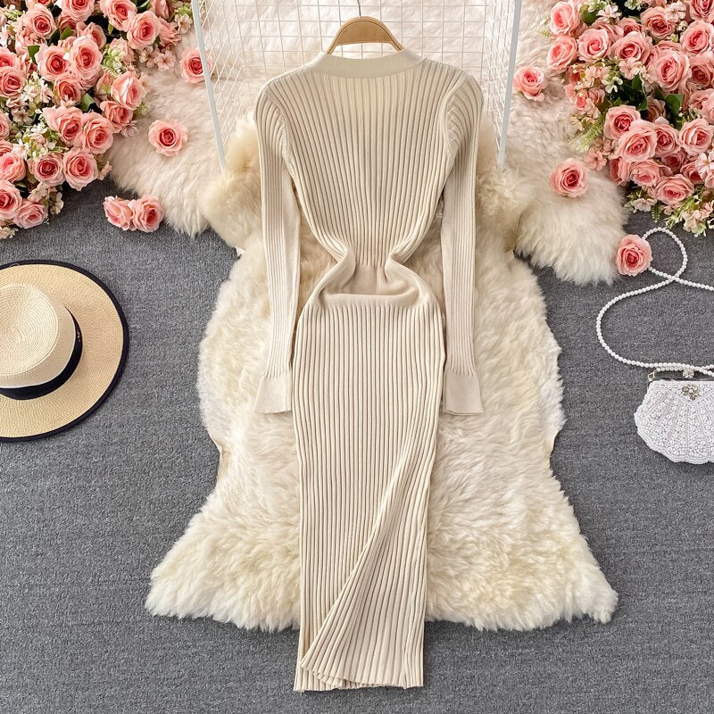 Fall Winter Midi Dresses For Women V Neck Button Long Sleeve Elegant Ribbed Knitted Dress Chic Sexy Bodycon Dress