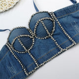 Autumn Lingerie Sexy Denim Rhinestone Women Cropped Top Corset Crop Tank Top Push Up Bustier Camis Built in Bra