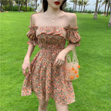 Vintage Floral Print Summer Vacation Beach Dress Ruffle Square Neck Short Puff Sleeve Casual Mini Dress