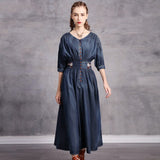 Women Spring Denim Half Sleeve Embroidery Vintage Loose Style High Waist Long Elegant Vintage Dress