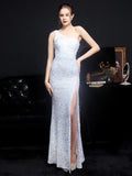 Women Beads Party Maxi Dress Elegant One Shoulder Slit Pink Sequin Prom Dress