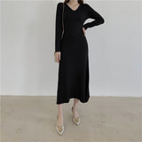 Autumn Winter V Neck Long Sleeve Basic Elegant Sweater Dress Chic Knitted A Line Casual Midi Dress