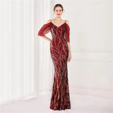 Elegant Burgundy Sequin Beading Evening Dress Women Party Strap Maxi Dress Long Prom Dress