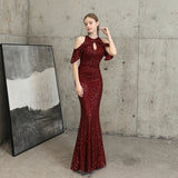 Pink Sequin Evening Dress Hollow Out Elegant Off Shoulder Party Maxi Dress Long Prom Dress