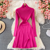 Sweater Dress Autumn Winter Turtleneck Knitted Dress Long Sleeve Slit Night Out Party Sexy Mini Dress